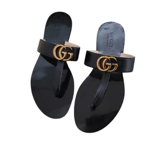 Gucci Shoes - Gucci Marmont Black Leather Thong Sandal With Double Size 37